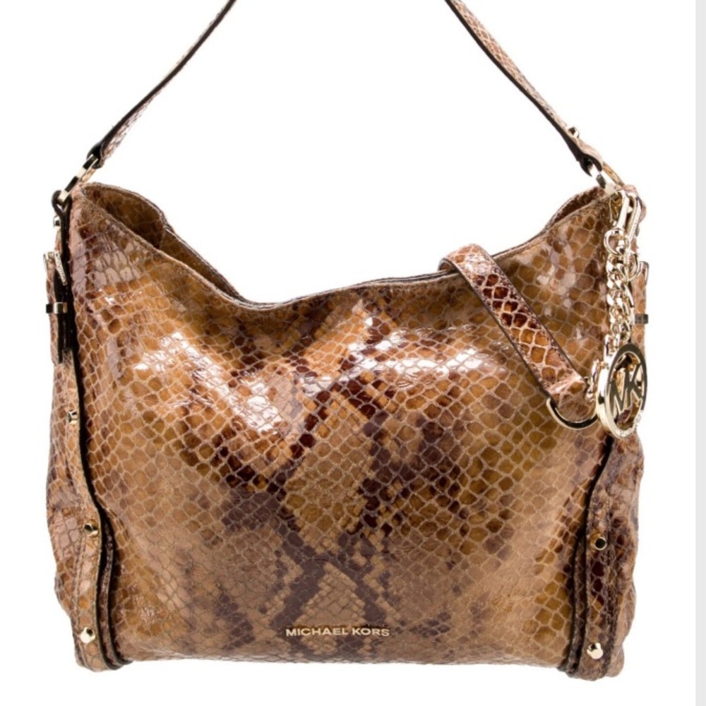 Michael Kors Snake Embossed Hobo python leather design with gold-tone hardware.